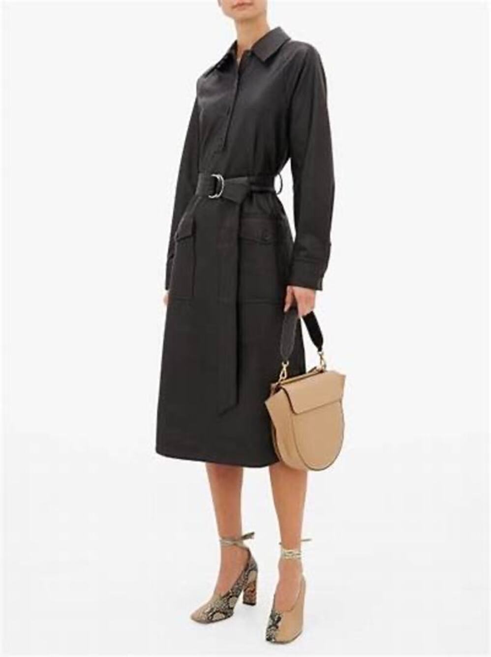 TIBI Black Faux Leather Long Sleeve Belted Midi Dress Size 10